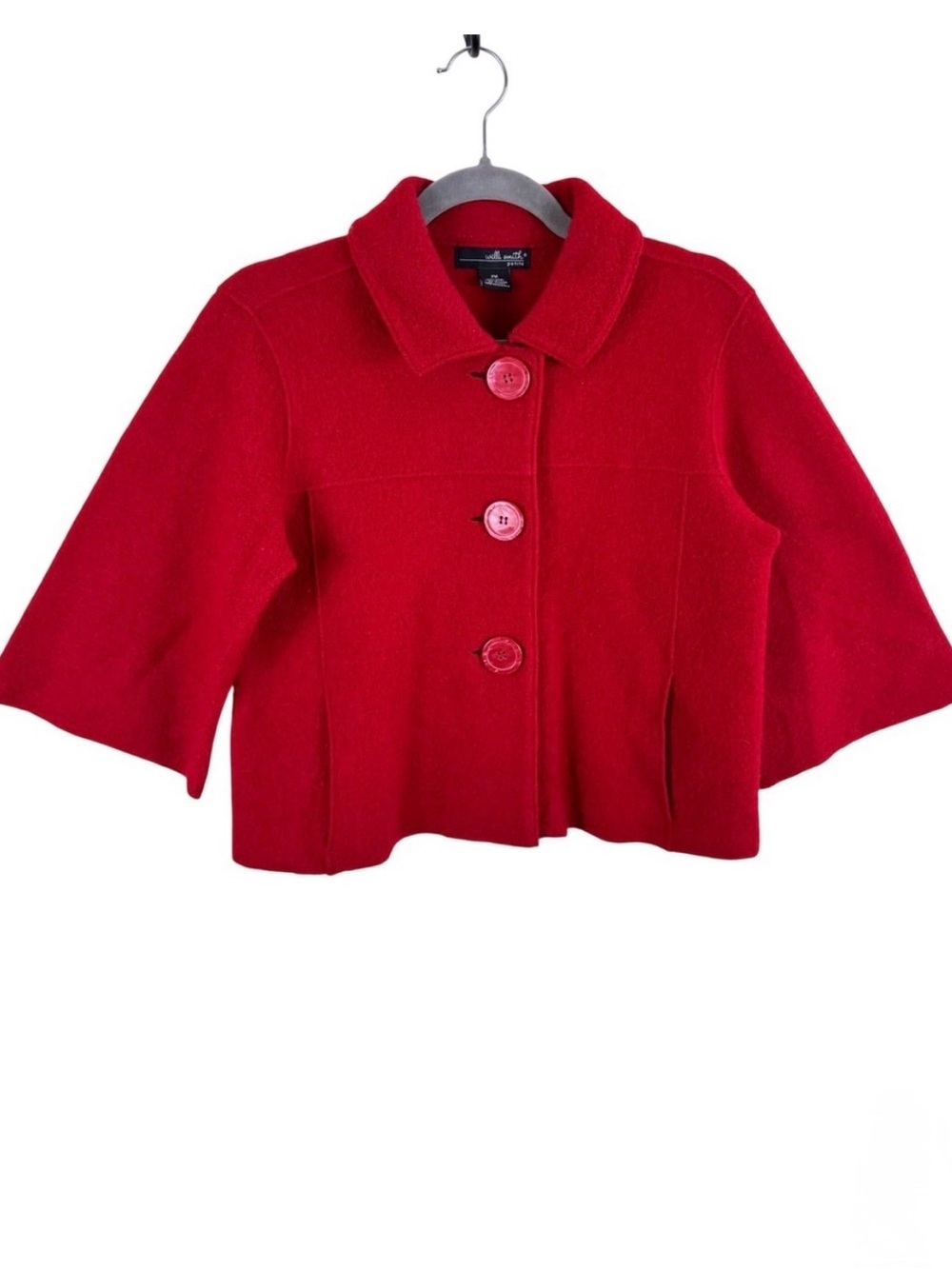 Willi Smith Petite Red 100% Boiled Wool Cropped Jacket 3/4 Sleeve Petite Medium